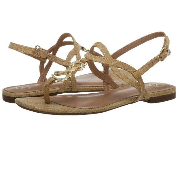 Sam & Libby Womens 7 M Thong Logo Sandals Adjustable T Strap Flats Tan Gold - Picture 2 of 7